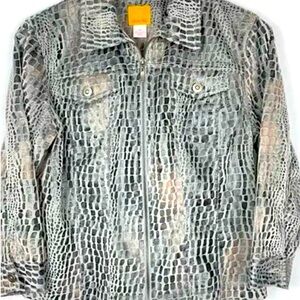Ruby Red Gray Crocodile Print Women's Jacket  Like NEW Button front Faux Leather